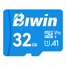 High-resolution close-up of the Biwin MS100 32GB MicroSD Card with A1 Performance, UHS-I, C10/U1/V10 specifications.