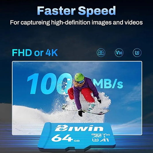 Biwin MS100 64GB MicroSD Card A1 Performance UHS-I C10 U1 V10 with up to 100MB/s read speed for Full HD and 4K video recording.