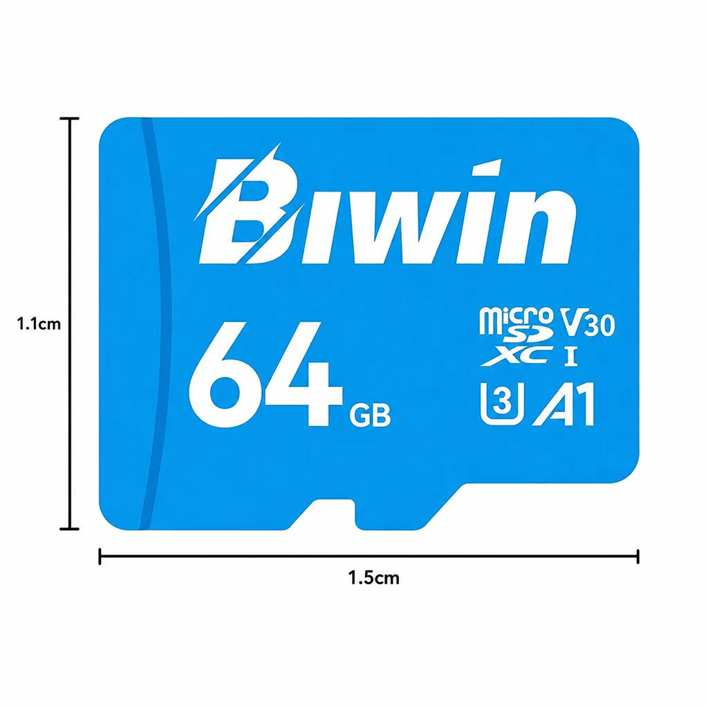 Biwin MS100 64GB MicroSD Card dimensions showing 1.5 cm width and 1.1 cm height with A1, UHS-I, C10, U1 and V30 performance ratings.