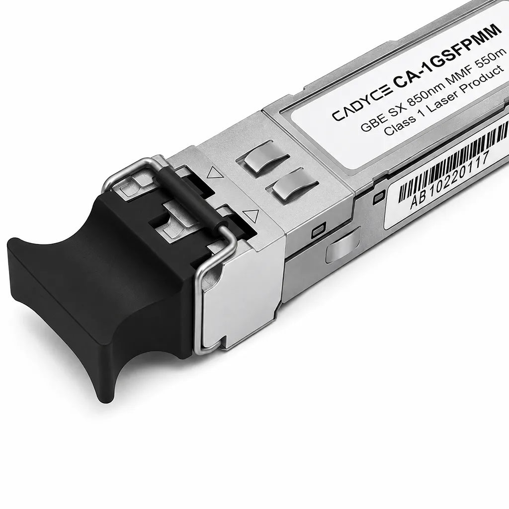 Close-up of Cadyce CA-1GSFPMM Mini-GBIC SFP Fiber Module 1.25Gbps 850nm showing LC connector, metal housing, and product label.