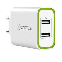Front view of Cadyce CA-DUWC 30W Dual USB Wall Charger featuring dual USB ports, Quick Charge 3.0 and Smart Charging technology