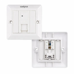 Cadyce CA-FCP1 Single Port CAT6 Faceplate with UTP Module featuring T568A/T568B wiring, front and rear view for structured Ethernet network installation.