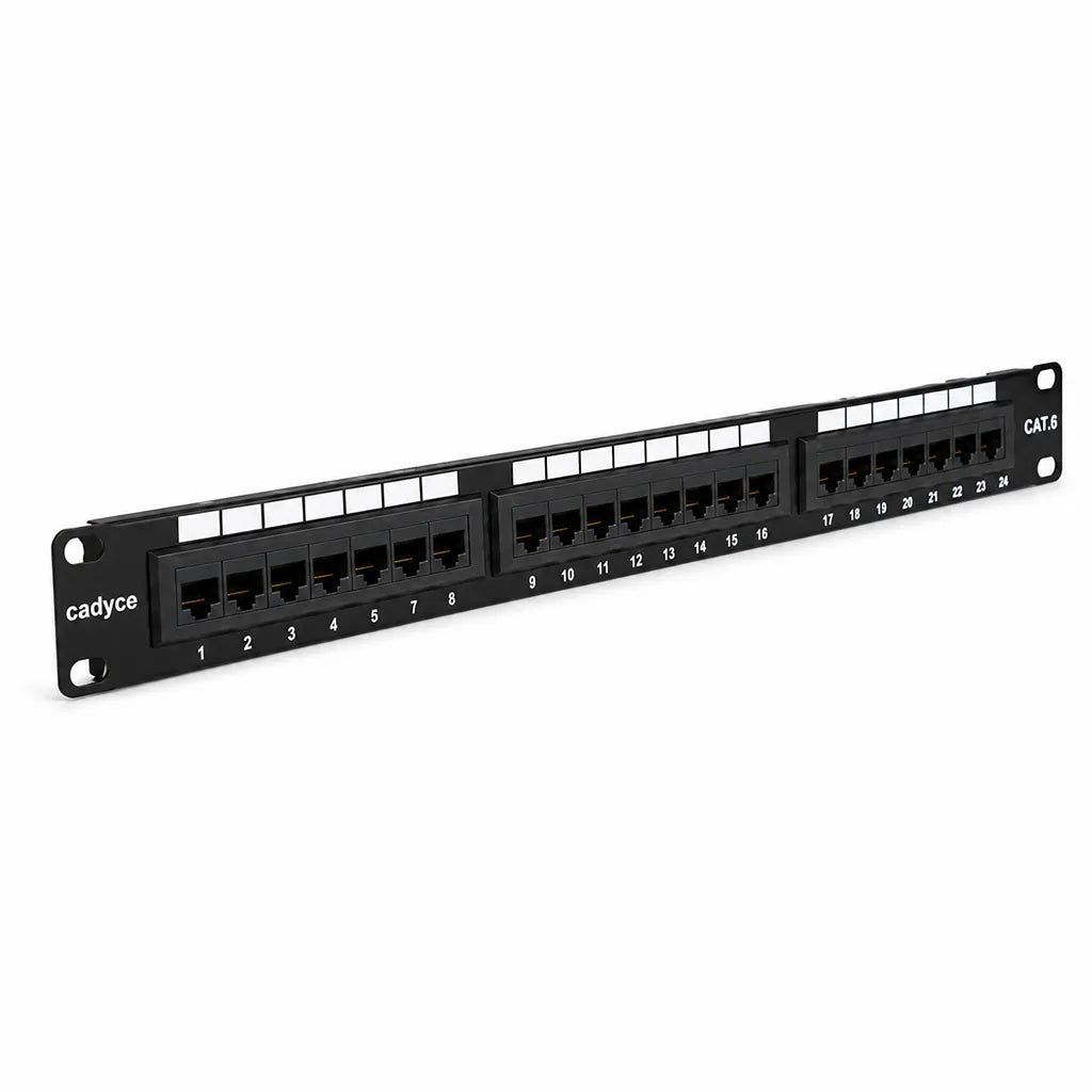 Side profile view of Cadyce CA-PC624 24-Port CAT6 Patch Panel compatible with CAT5/CAT6 featuring durable rack-mount construction and 24 RJ45 ports -tpstech.in