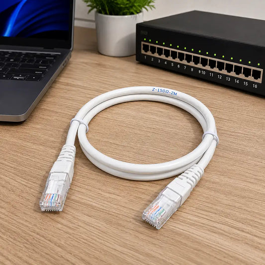 Cadyce CA-PC63M CAT6 UTP Patch Cord 3M 24 AWG Pure Copper Ethernet cable placed in a professional networking workspace with laptop and network switch -tpstech.in
