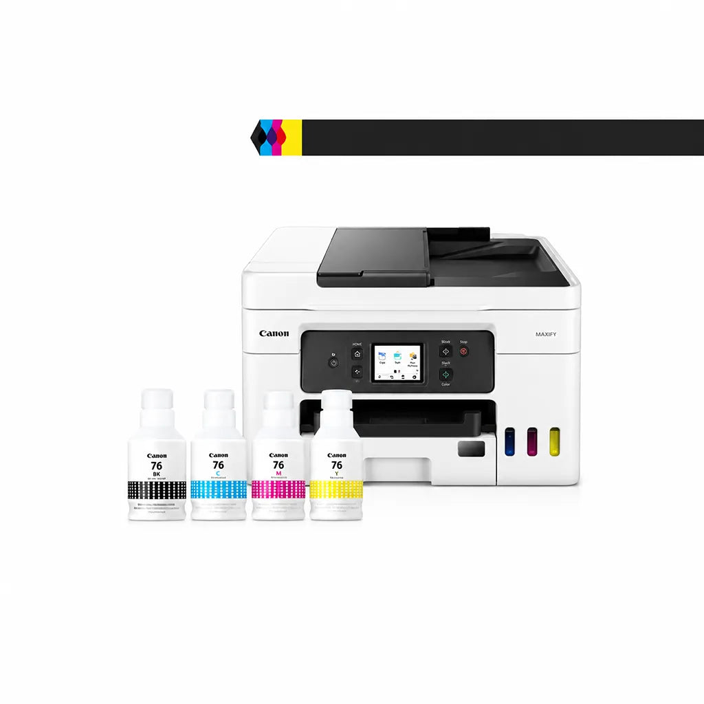 Canon MAXIFY GX4070 wireless ink tank multifunction printer with GI-76 ink bottles shown in front -tpstech.in