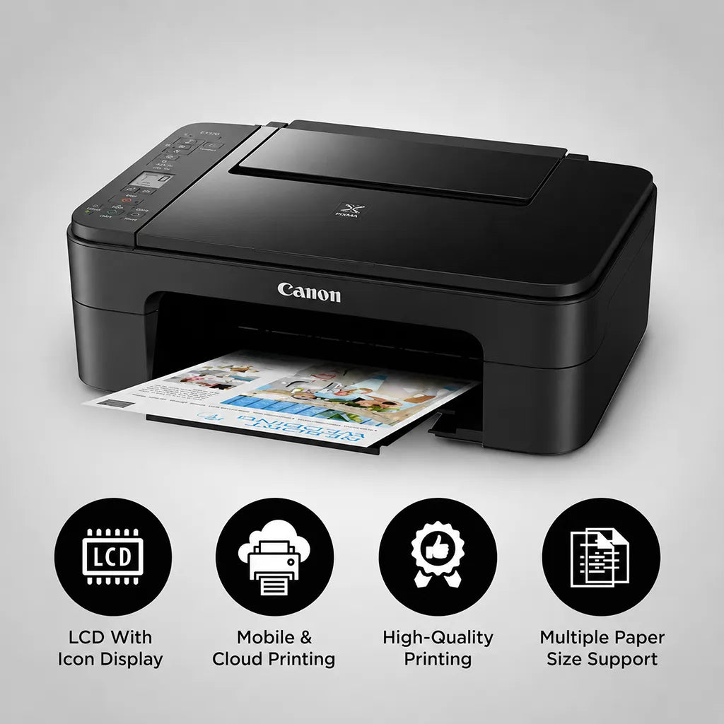Canon PIXMA E3370 wireless inkjet printer featuring mobile and cloud printing and multiple paper size support -tpstech.in