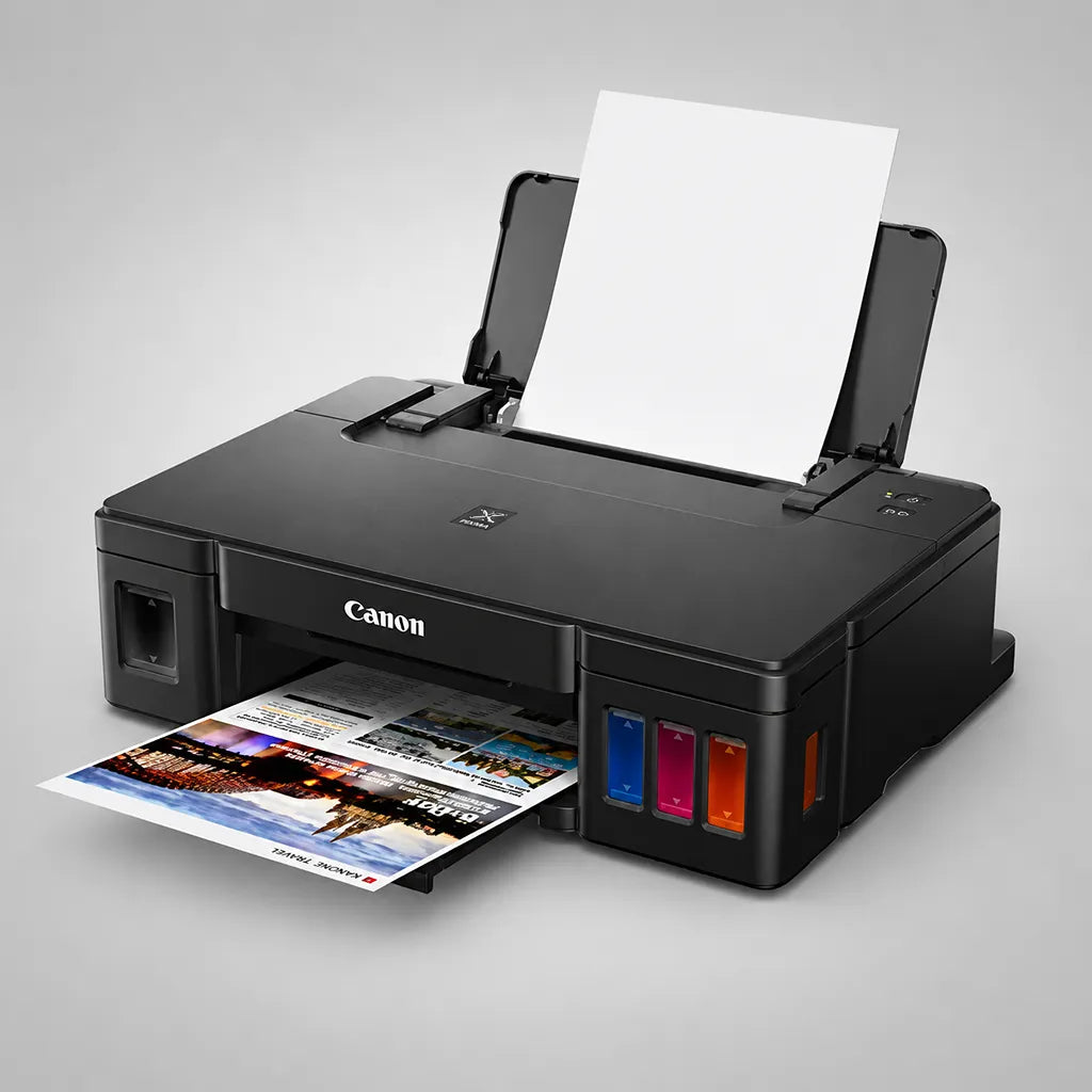 Canon PIXMA G1010 color printer angled view printing a photo with rear paper tray open -tpstech.in
