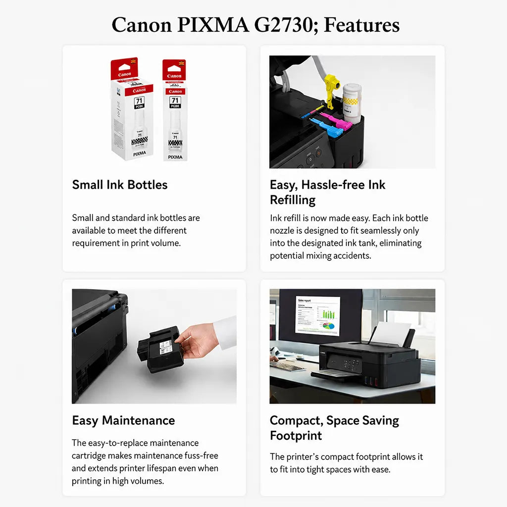 Canon PIXMA G2730 showing GI-71 ink bottles, easy ink refilling and maintenance features -tpstech.in