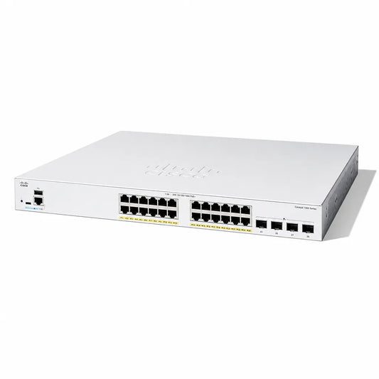 Cisco C1300-24FP-4X 24-Port Full PoE Gigabit Managed Switch left angled view with 4x 10G SFP+ uplinks on white background -tpstech.in