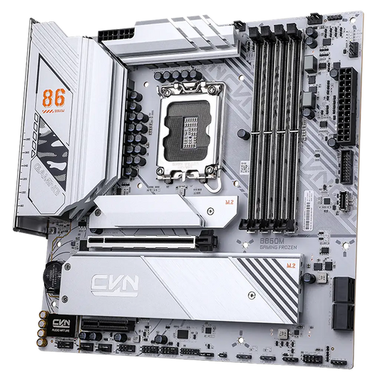 Colorful CVN B860M GAMING FROZEN V20 Wi-Fi 6 Intel B860 LGA1851 DDR5 mATX Motherboard top view showing DDR5 DIMM slots, PCIe slot and M.2 heatsinks -tpstech.in