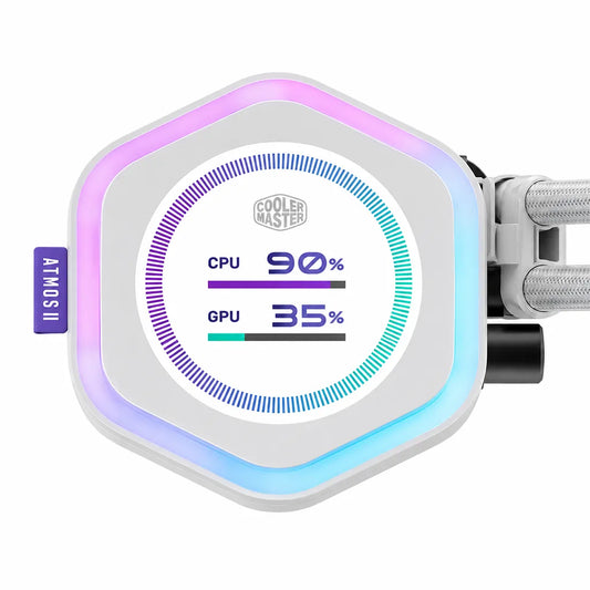 Cooler Master MasterLiquid Atmos II LCD 240mm AIO Liquid CPU Cooler White pump head with customizable LCD display and ARGB lighting front view -tpstech.in