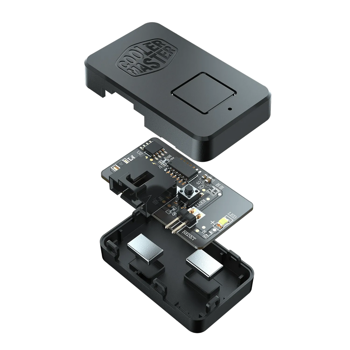 Cooler Master Mini Addressable RGB LED Controller exploded view showing housing PCB and magnets -tpstech.in
