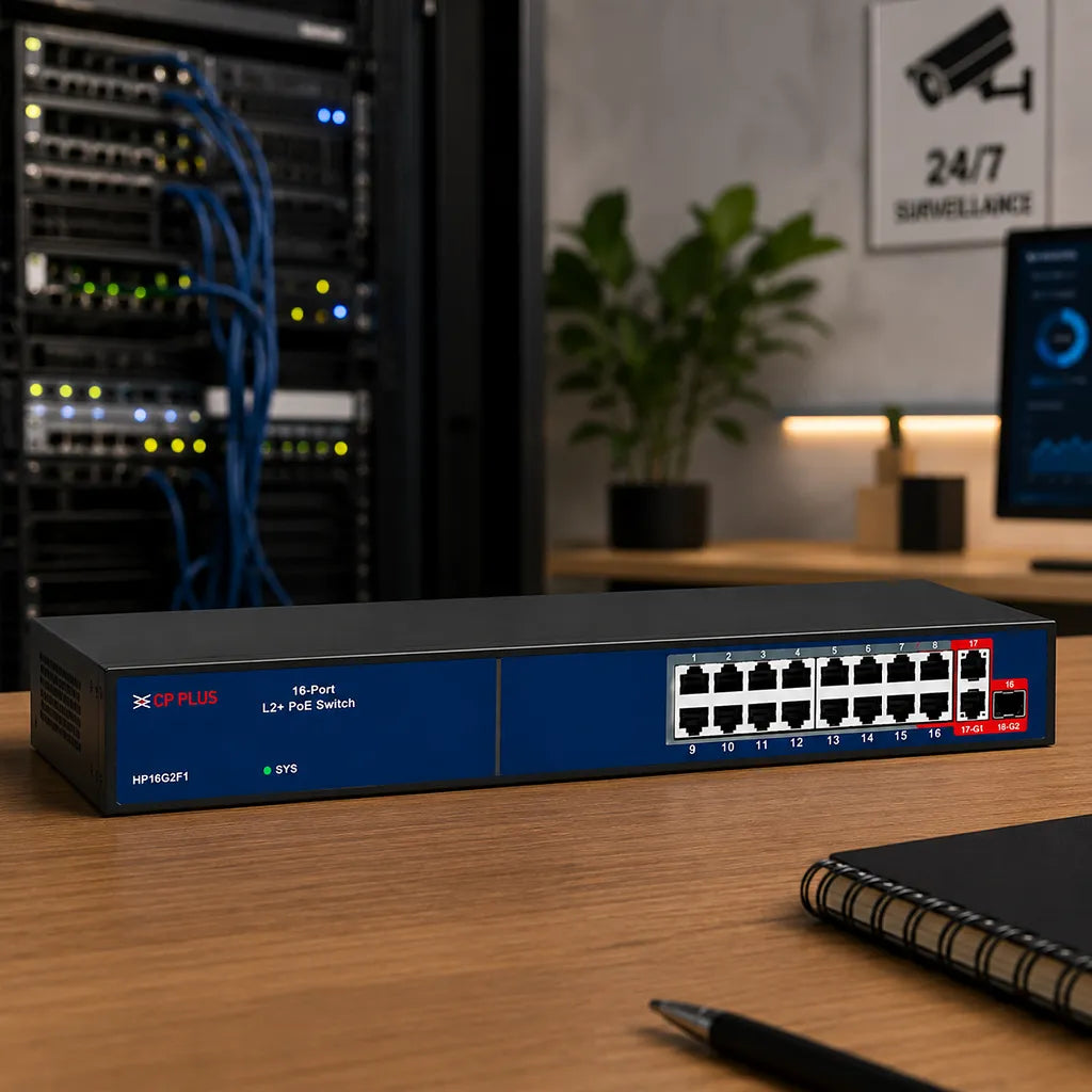 CP PLUS CP-ANW-HP16G2F1-N30 16-Port AI PoE Switch deployed in a CCTV surveillance network rack for reliable IP camera connectivity and Gigabit networking -tpstech.in