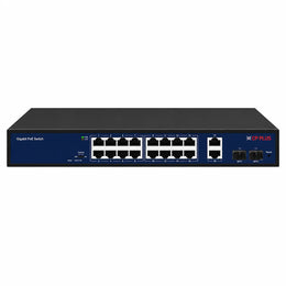 CP PLUS CP-DNW-GPU16G2F2-20 16 Port Gigabit Unmanaged PoE Switch front view with 2 Gigabit uplink ports and 2 SFP ports -tpstech.in