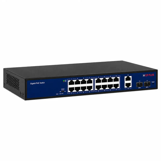 CP PLUS CP-DNW-GPU16G2F2-20 16 Port Gigabit PoE Switch right angle view showing Gigabit Ethernet ports and SFP uplinks -tpstech.in
