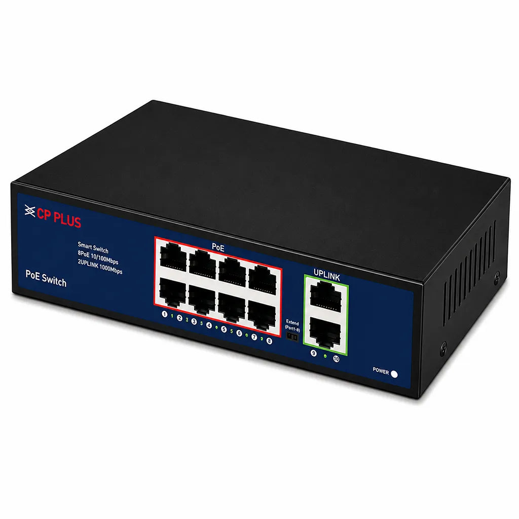 CP PLUS CP-DNW-HPU8G2-96-V3 10 Port unmanaged PoE Switch with 8 PoE ports and 2 Gigabit uplink ports front right perspective -tpstech.in