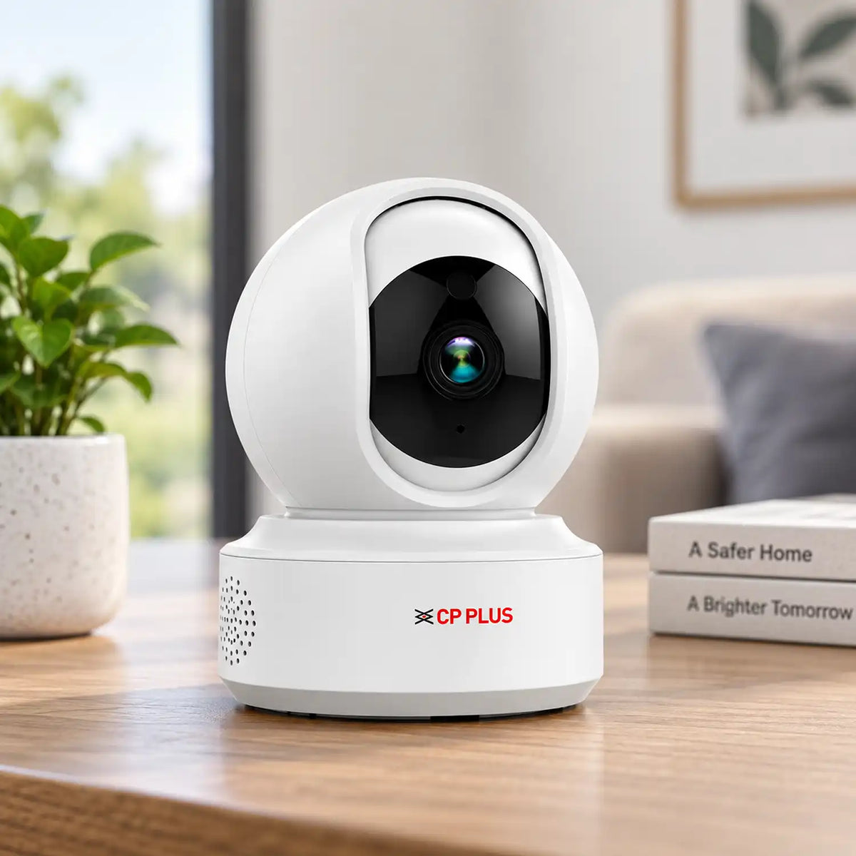 CP PLUS CP-E31Q 3MP Wi-Fi PT Indoor Security Camera Placed on Table in Living Room -tpstech.in