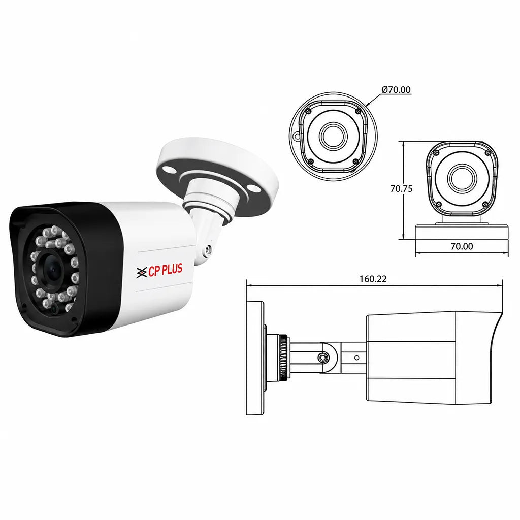 CP PLUS CP-GTC-T10L2C 1MP HD IR Bullet CCTV Camera dimensions and design illustration with mounting measurements - tpstech.in