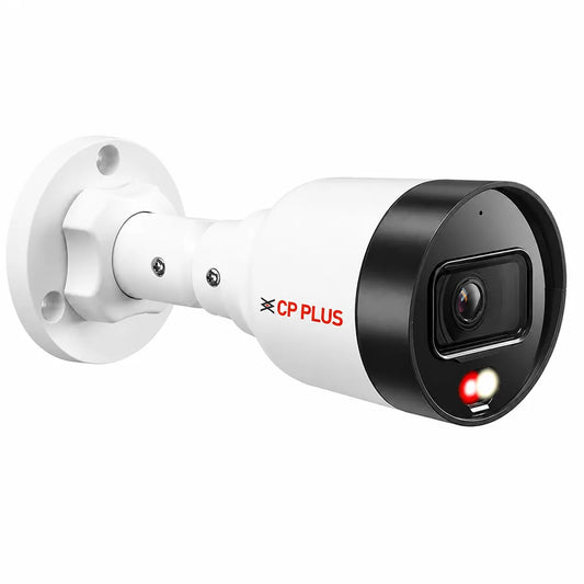 Front left angle view of CP PLUS CP-UNC-TA41L3C-D-LQ 4MP Dual Light IP Bullet Camera with built-in microphone -tpstech.in
