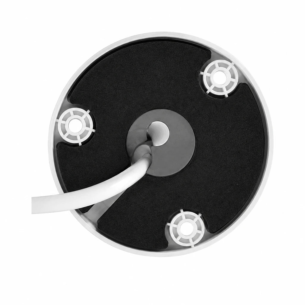 CP PLUS CP-UNC-TA41L6C-D-Q 4MP IP Bullet Camera bottom view showing cable outlet and mounting base -tpstech.in