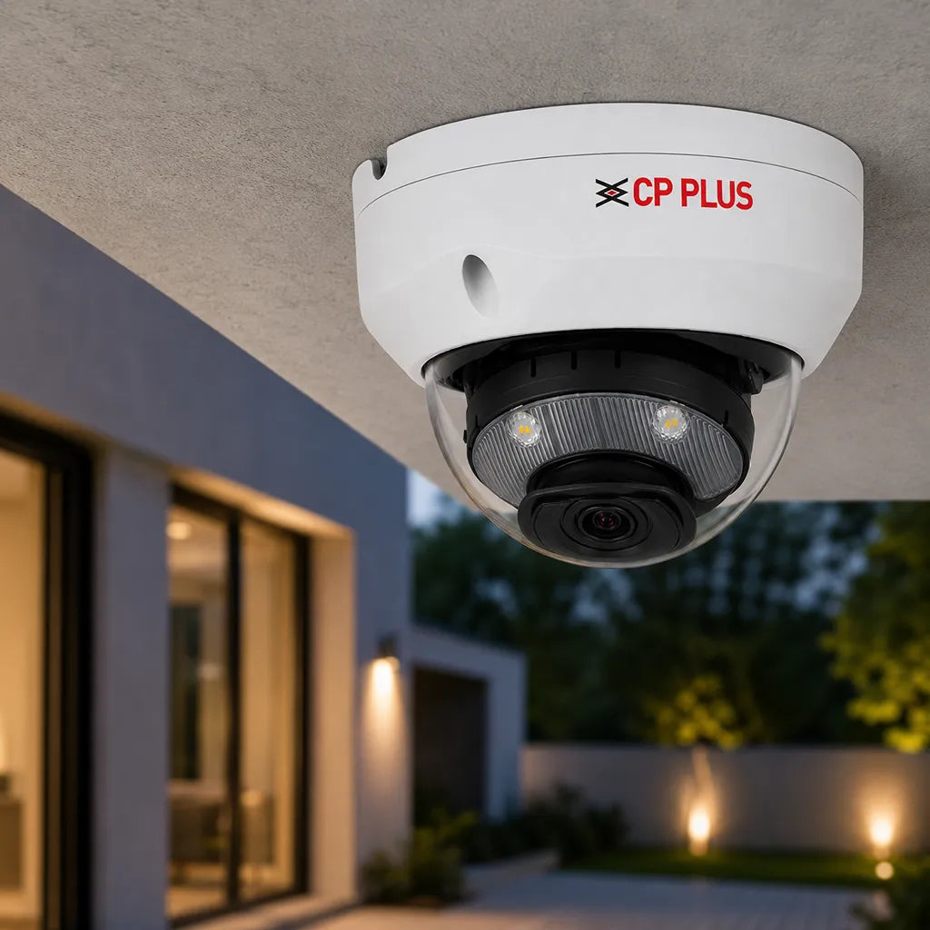CP PLUS CP-UNC-VC41L5C-VMD-LQ 4MP PoE vandal dome IP camera installed on ceiling for home and commercial security -tpstech.in