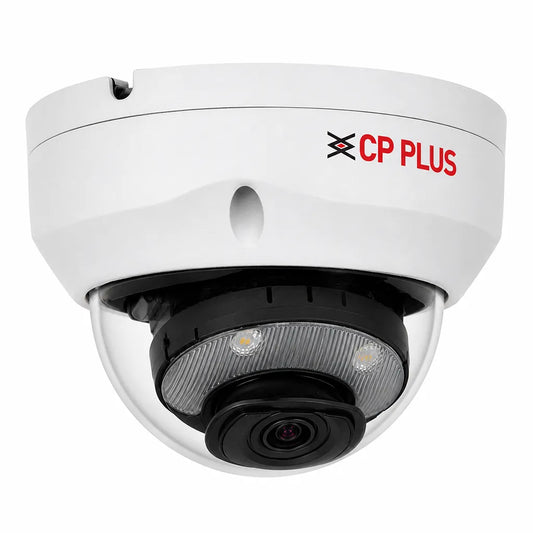 CP PLUS CP-UNC-VC61L5C-VMD-LQ 6MP Dual Light PoE Vandal Dome IP Camera front left angle view with built-in microphone and fixed lens -tpstech.in