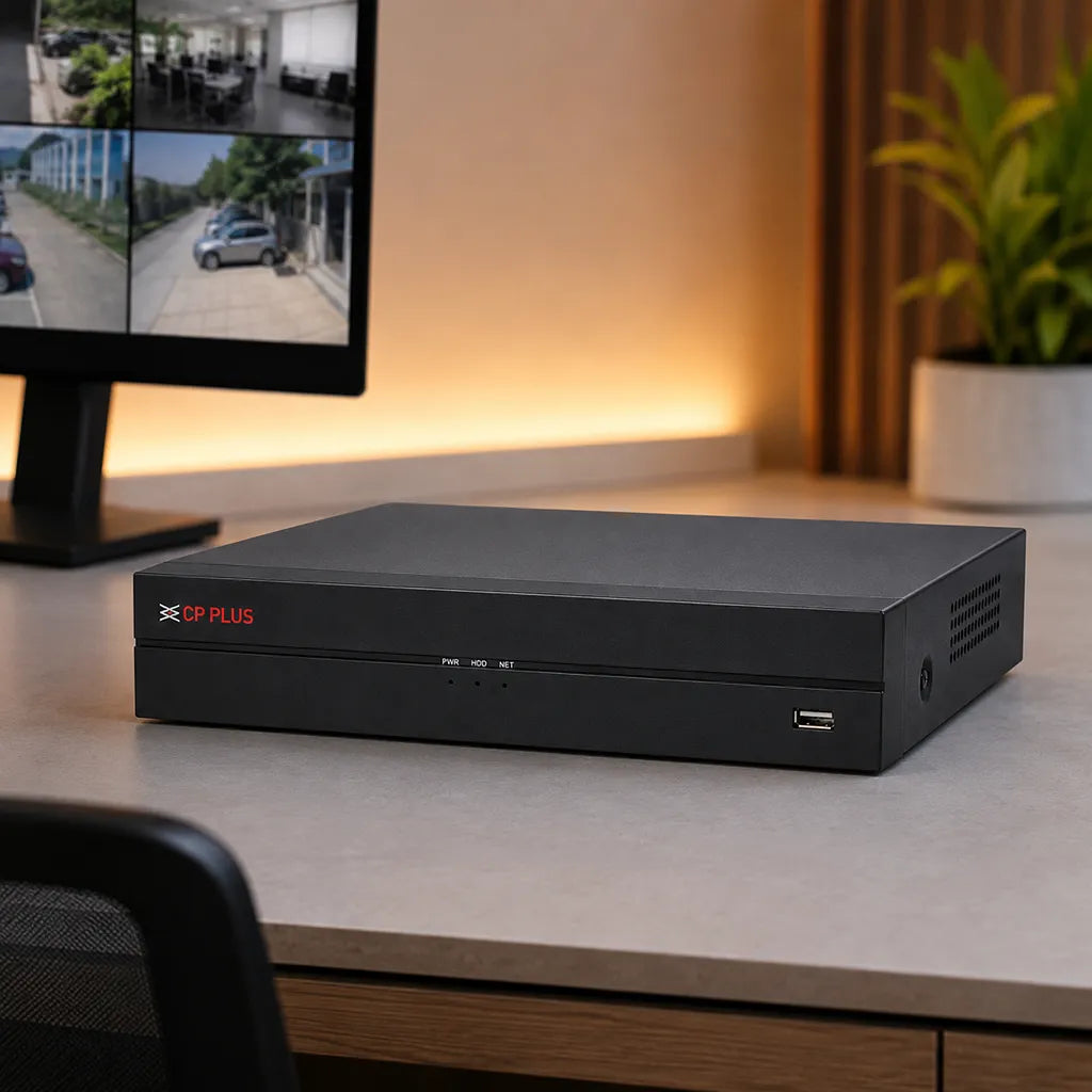 CP PLUS CP-UNR-104F1 4 Channel Network Video Recorder installed in a professional CCTV monitoring setup -tpstech.in