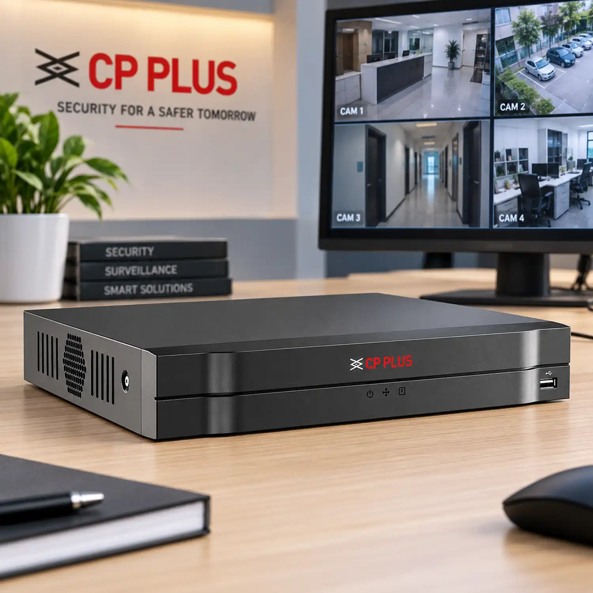 CP PLUS CP-UNR-4K2081-V4 8 Channel 4K NVR desktop setup displaying live CCTV feeds -tpstech.in