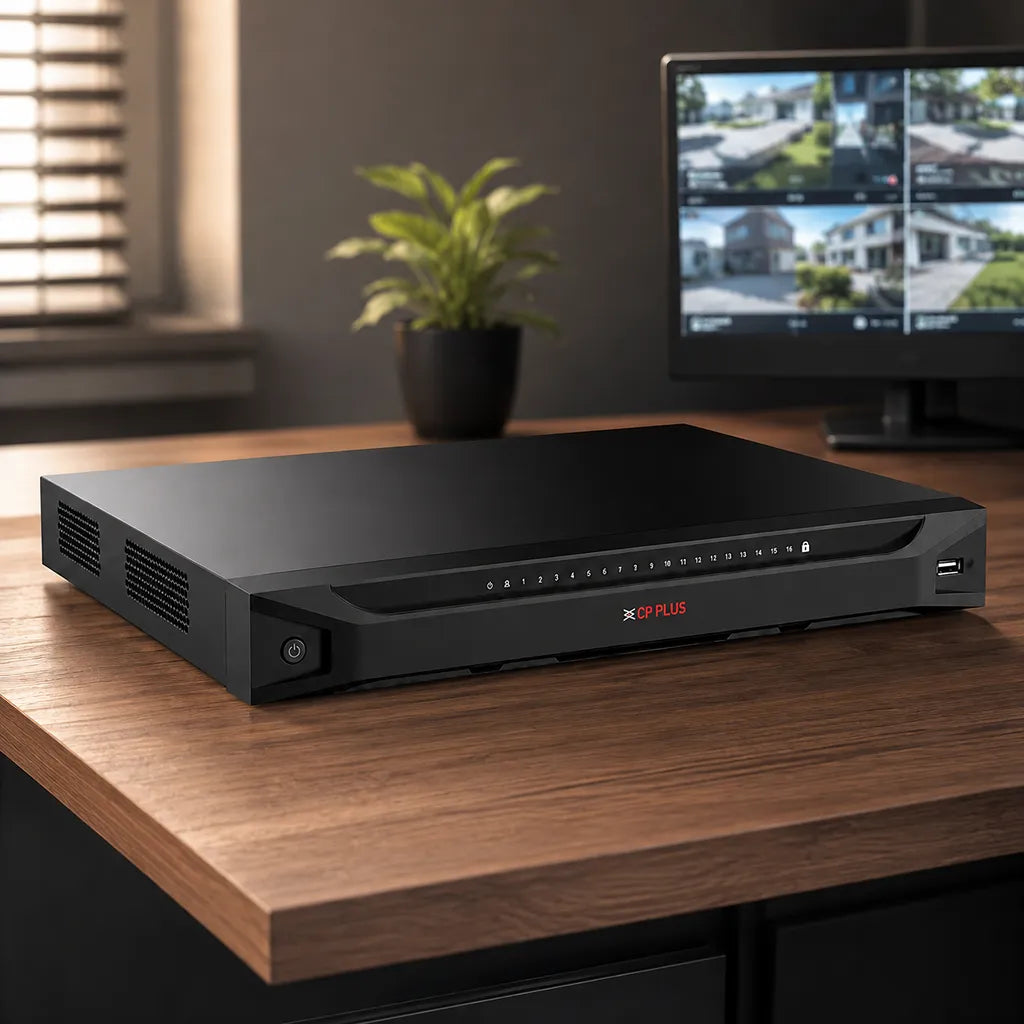 CP PLUS CP-UNR-4K4082-V2 8 Channel 4K Network Video Recorder installed on office desk for professional surveillance monitoring -tpstech.in