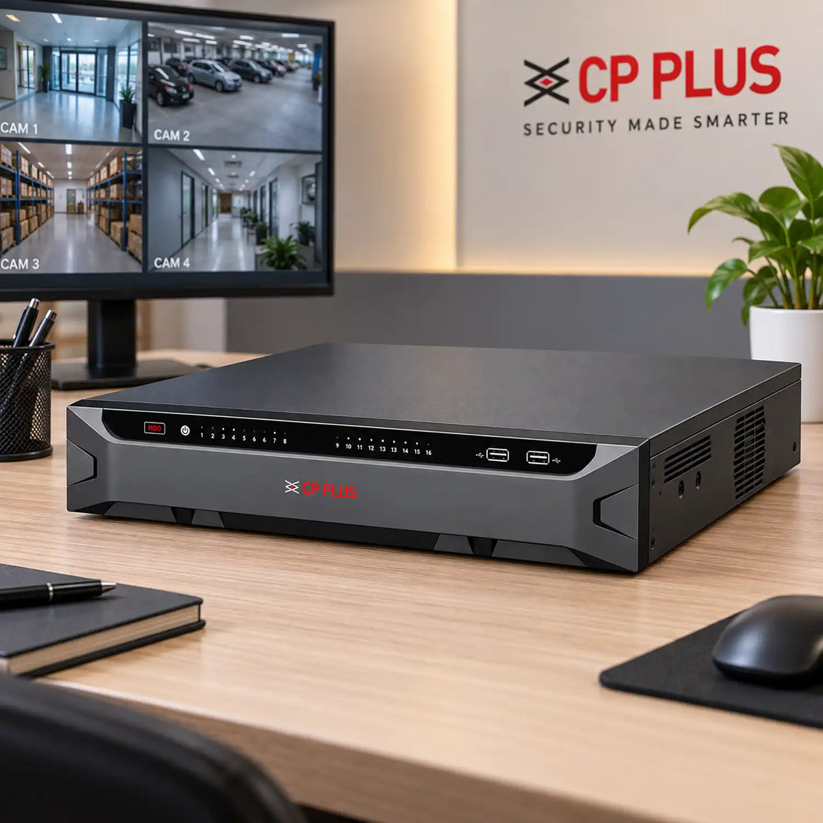 CP PLUS CP-UNR-4K532R8-FI 32 Channel 4K AI Network Video Recorder desk setup with multi-camera surveillance screen -tpstech.in