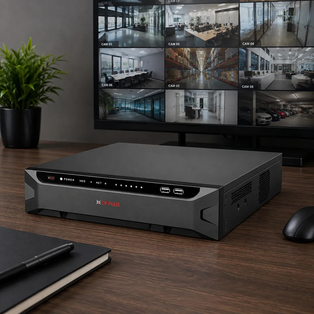CP PLUS CP-UNR-4K564R8-FI 64 Channel AI Network Video Recorder installed in a professional office surveillance monitoring setup -tpstech.in