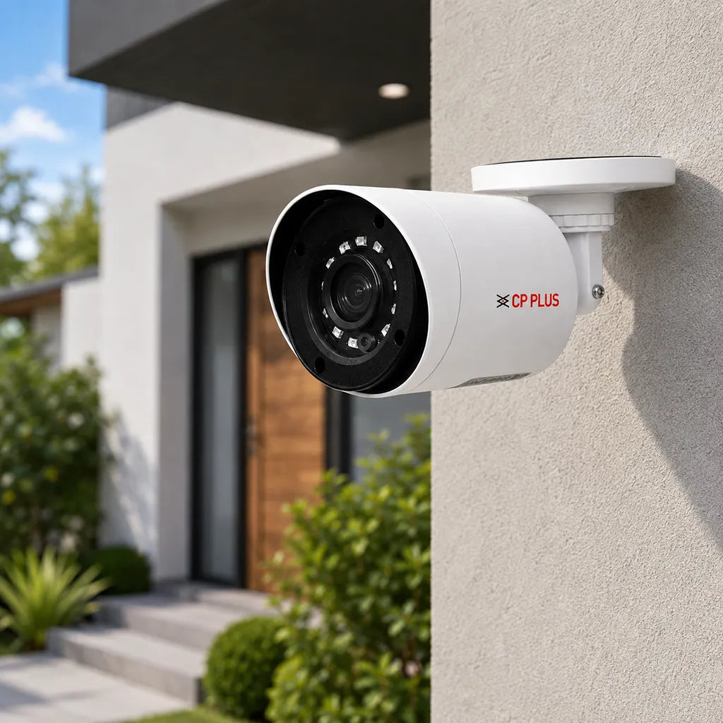 CP PLUS CP-USC-TA24L2 2MP Full HD IR Bullet CCTV Camera installed on an outdoor wall for home security with night vision and weatherproof design -tpstech.in
