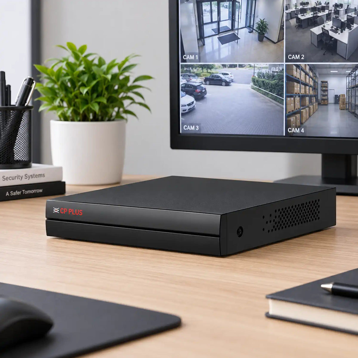 CP PLUS CP-UVR-0401F1V-I 4 Channel 1080P DVR desktop setup with multi-camera surveillance screen -tpstech.in