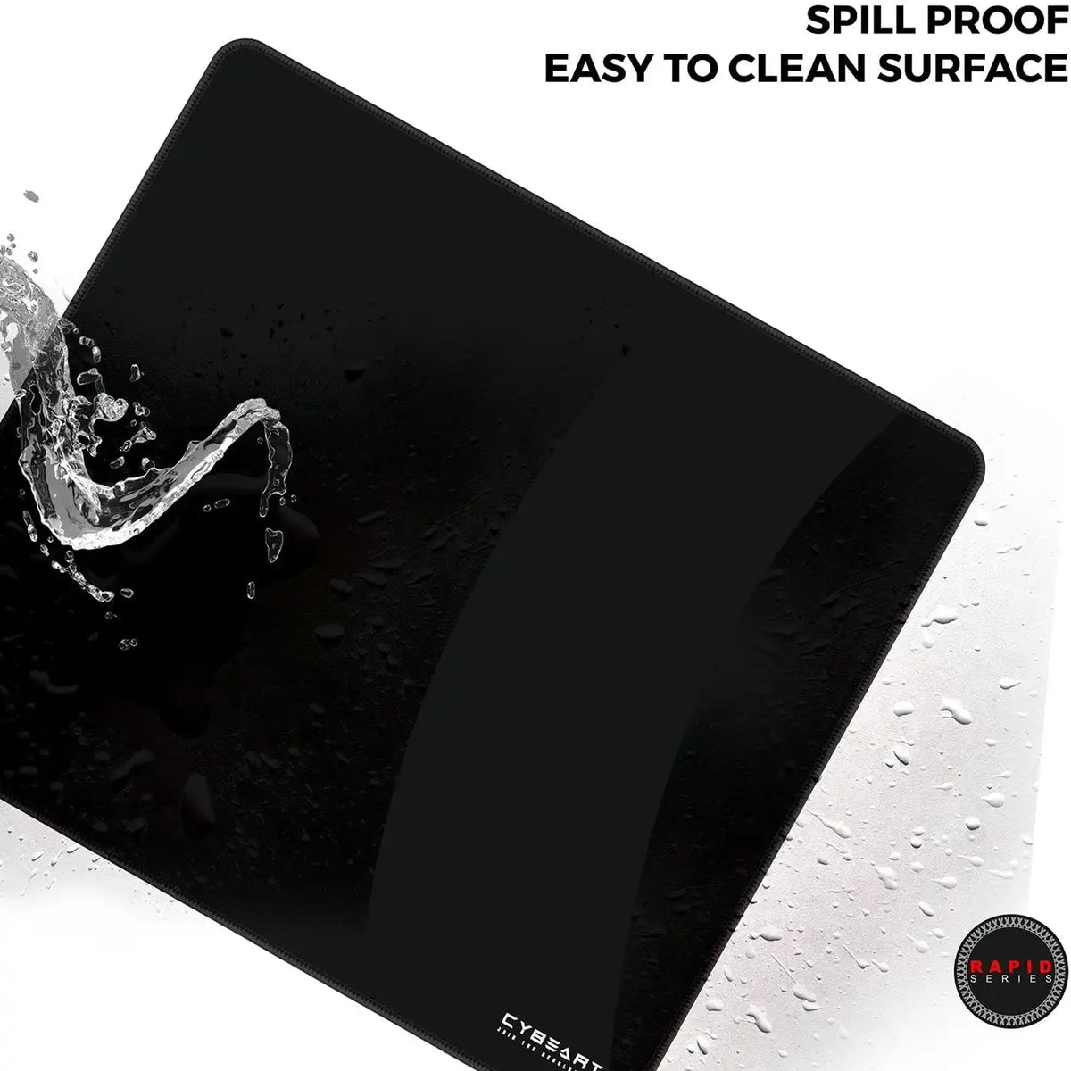 Water splash demonstrating the spill proof water resistant and easy to clean surface of Cybeart Ghost gaming mouse pad large -tpstech.in