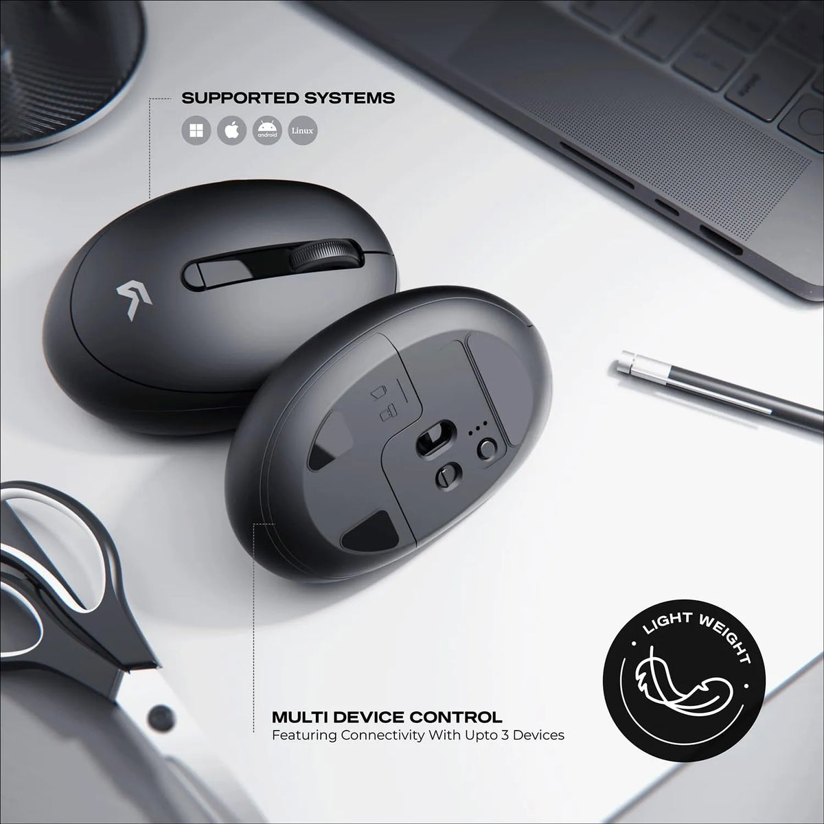 Bottom sensor and multi device control setup of Cybeart Pocket Wireless Ergonomic Mouse 2400 DPI Dual Mode on desk -tpstech.in