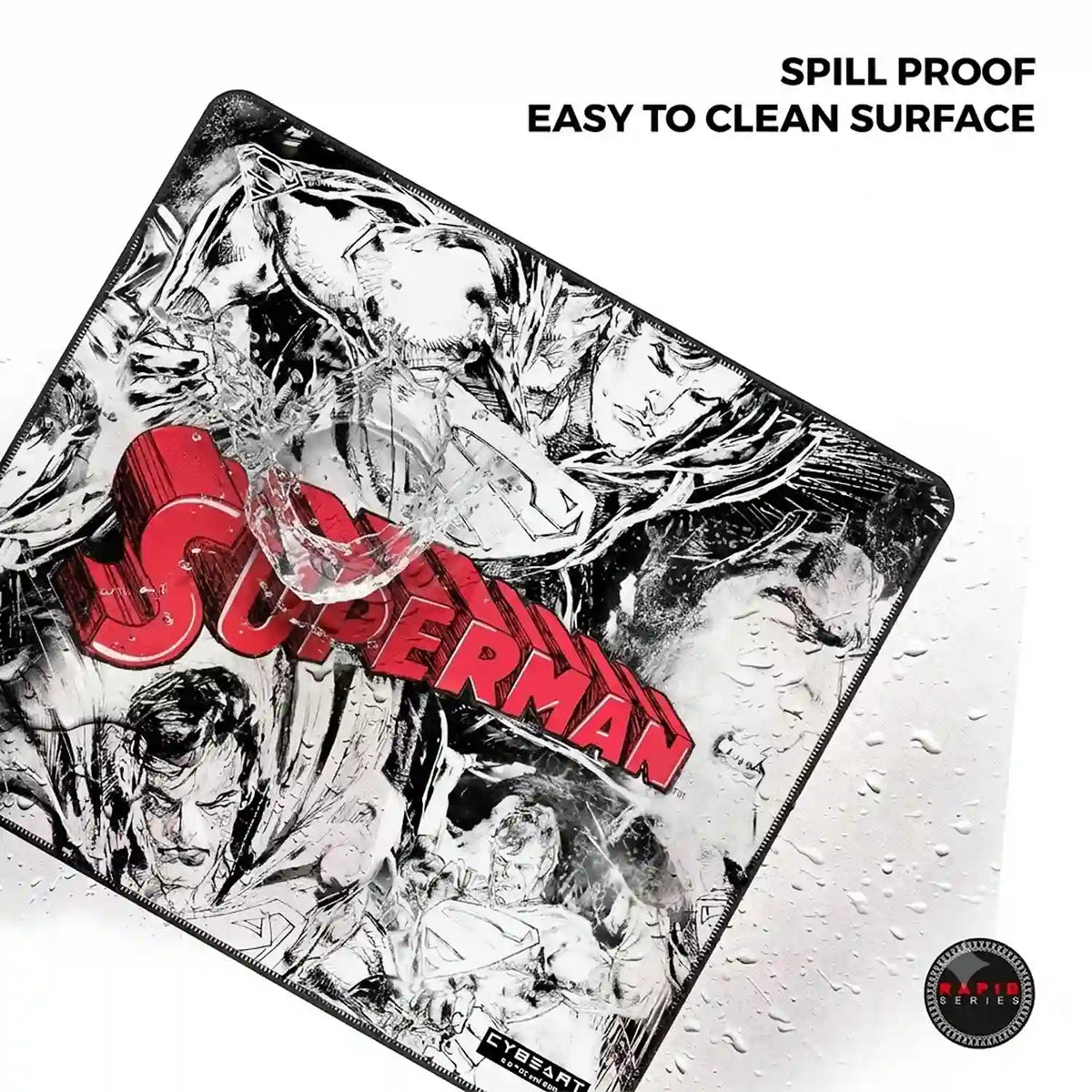Cybeart Superman Jim Lee Edition Large Gaming Mouse Pad with water droplets demonstrating spill proof surface -tpstech.in