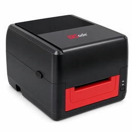Front right perspective of the Dcode DC-431 Pro 300 DPI desktop barcode label printer for retail and warehouse labeling.