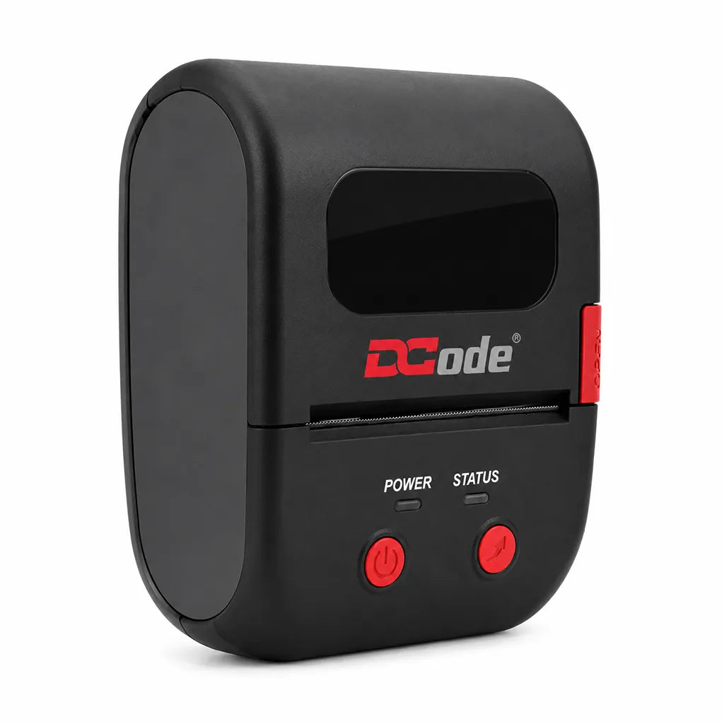 Side perspective of Dcode DC2M portable mobile label and receipt printer for retail, logistics and POS applications.