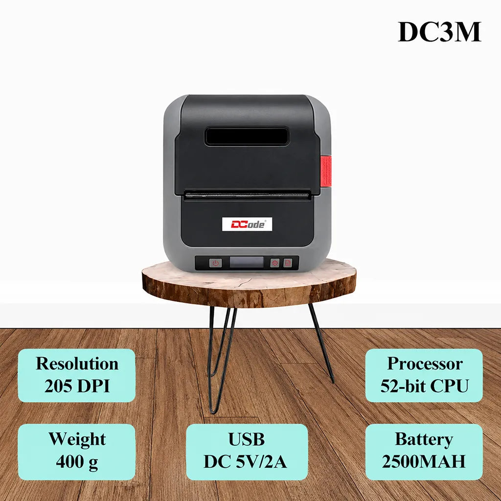 Dcode DC3M mobile label printer featuring 203 DPI printing, 2500mAh rechargeable battery, USB charging and lightweight portable design.
