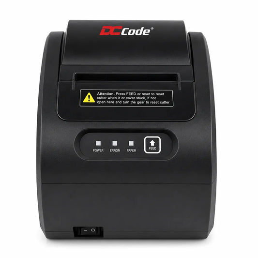 Front view of Dcode DC3R1 thermal receipt printer featuring power, error and paper status indicators with feed button.