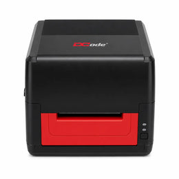 Front view of Dcode DC423 Pro thermal transfer barcode label printer with label output slot for retail, warehouse and logistics applications.