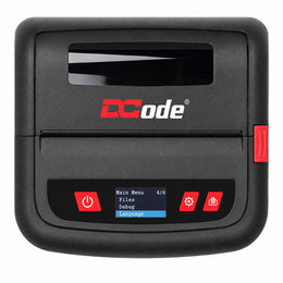 Dcode DC4M 4 Inch mobile barcode label and receipt printer front view with OLED display and direct thermal printing technology.
