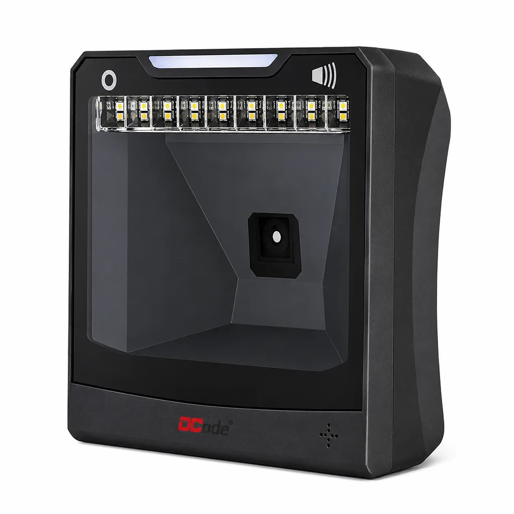 Right angle view of Dcode DC5142 hands-free USB desktop barcode scanner supporting 1D, 2D barcodes, and QR codes.