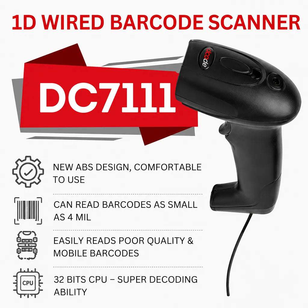 Dcode DC7111 1D wired barcode scanner highlighting 4 mil resolution, 32-bit CPU, and mobile barcode scanning support.