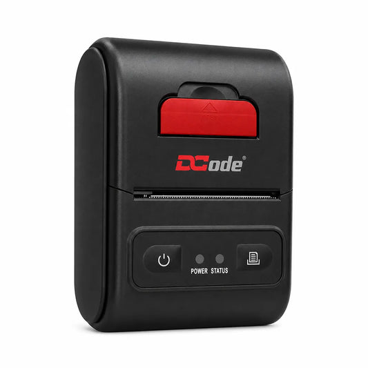 Dcode DCMP21 portable mobile receipt printer left angle view featuring direct thermal printing and compact design.