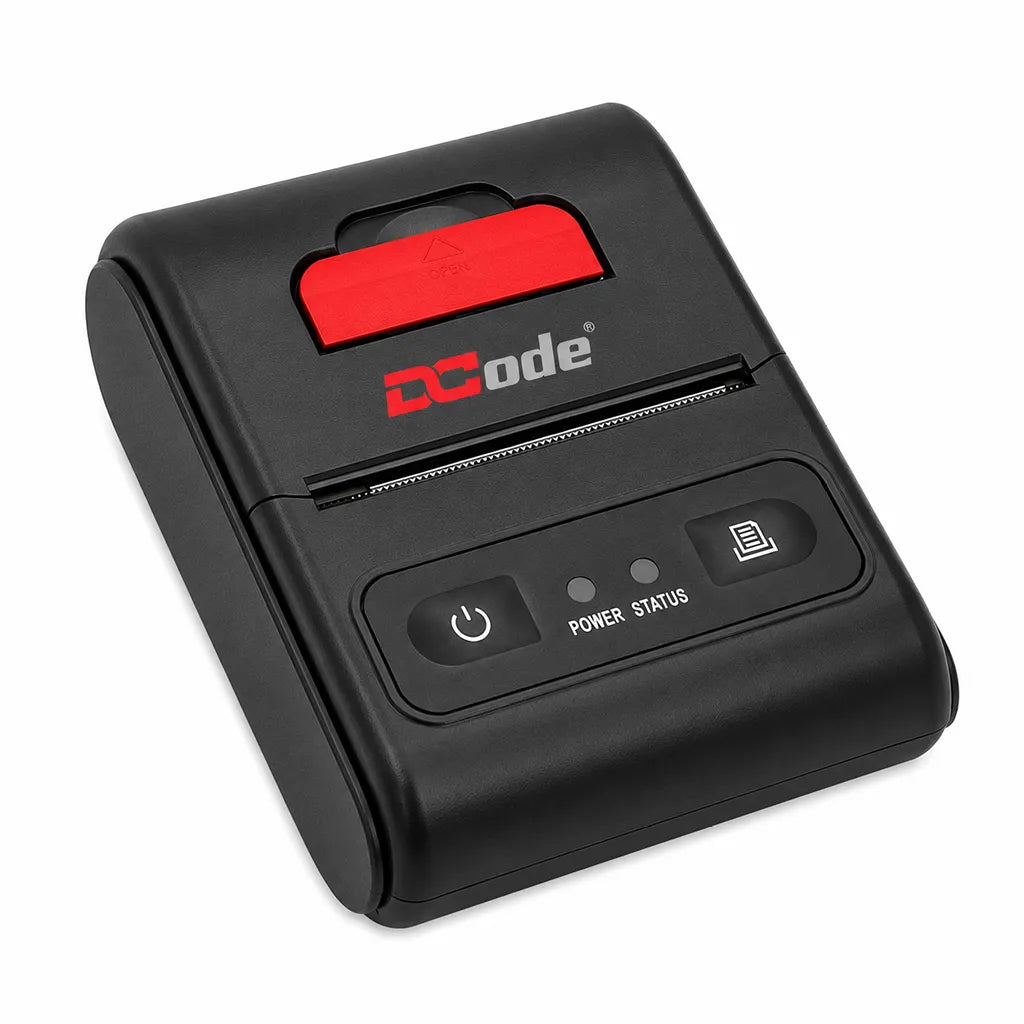 Dcode DCMP21 compact mobile receipt printer top right perspective with USB and Bluetooth connectivity for POS applications.