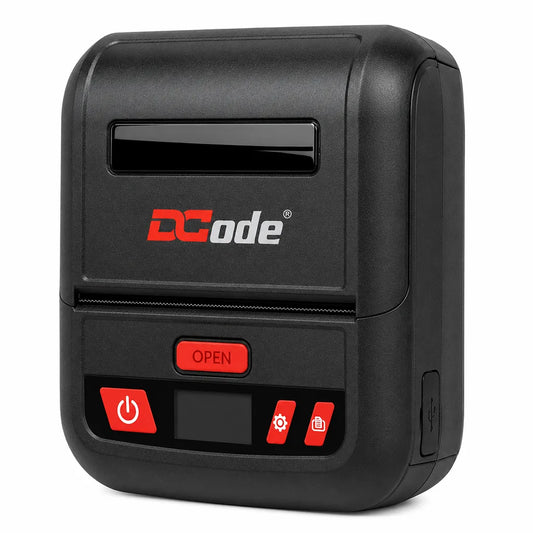 Dcode DCMP30 3 Inch Bluetooth mobile POS receipt printer front right angle with portable direct thermal printing for restaurant and retail billing.