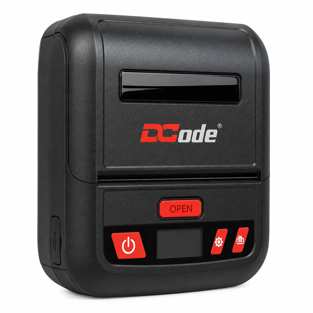 Dcode DCMP30 3 Inch portable Bluetooth receipt printer front left angle designed for mobile POS, restaurant and delivery billing.