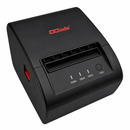 Dcode DCRP30 3 Inch direct thermal receipt printer front left angle view for POS billing systems.