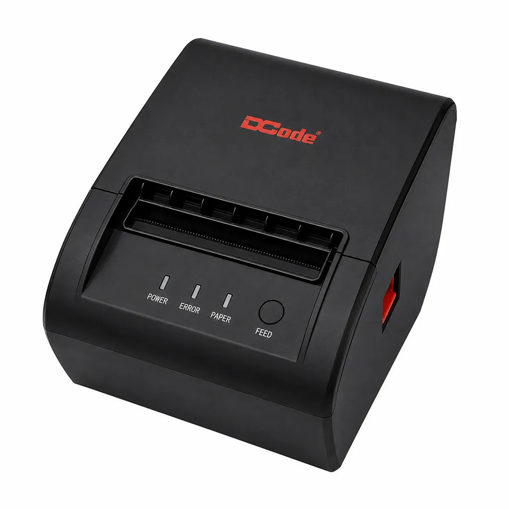 Right perspective view of Dcode DCRP30 direct thermal receipt printer for retail and restaurant billing.